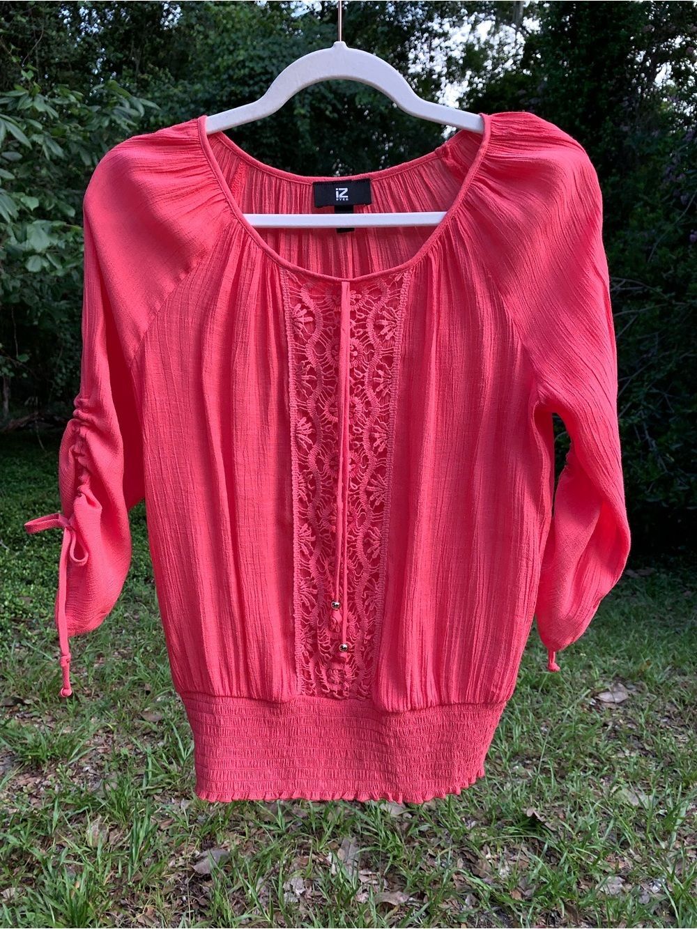 IZ Byer Coral Boho Smocked Waist Peasant Blouse Crochet Lace Front Top Size M